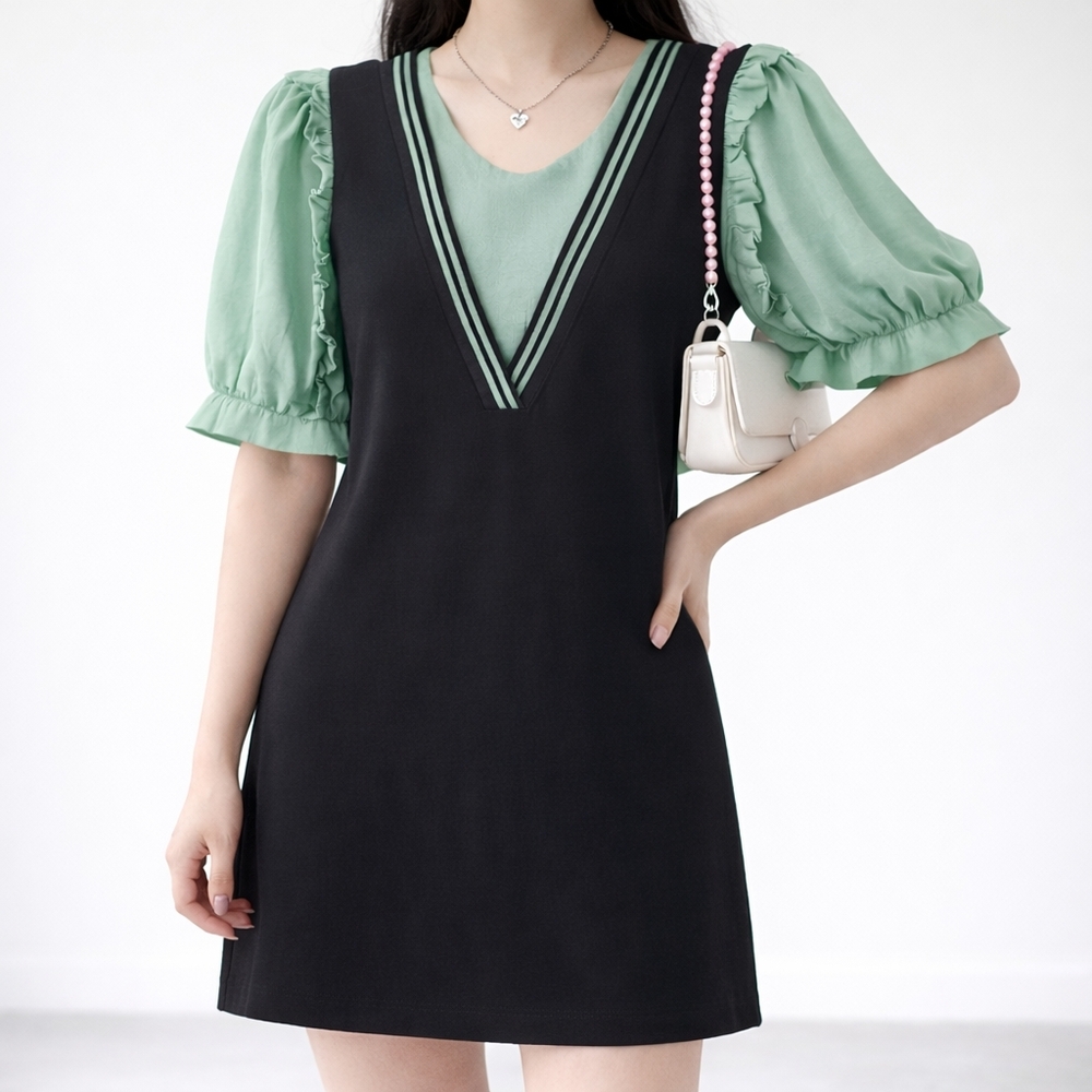 Y2K Dress Cotton with Green Puff Sleeves Large